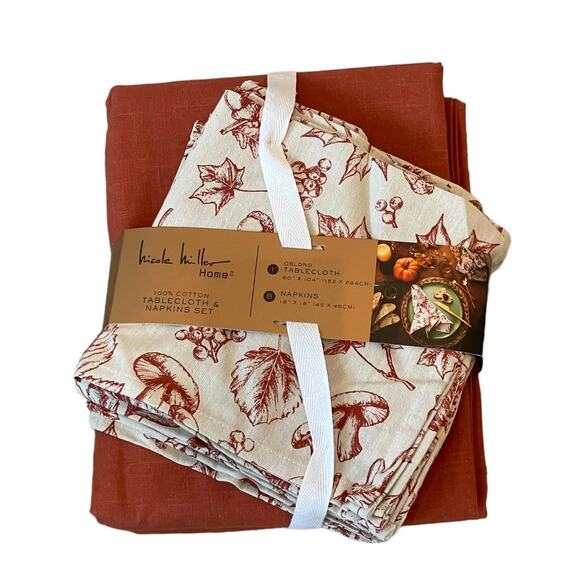 9pc Nicole Miller Fall Forest Toile Cotton 60x104 Tablecloth & Napkin Set NEW - Picture 1 of 15